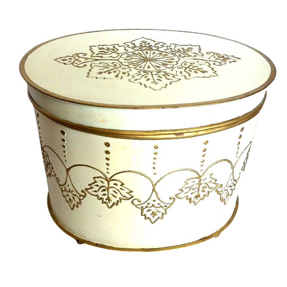 Vintage Embossed Metal Round Box Storage Gold Cream Floral